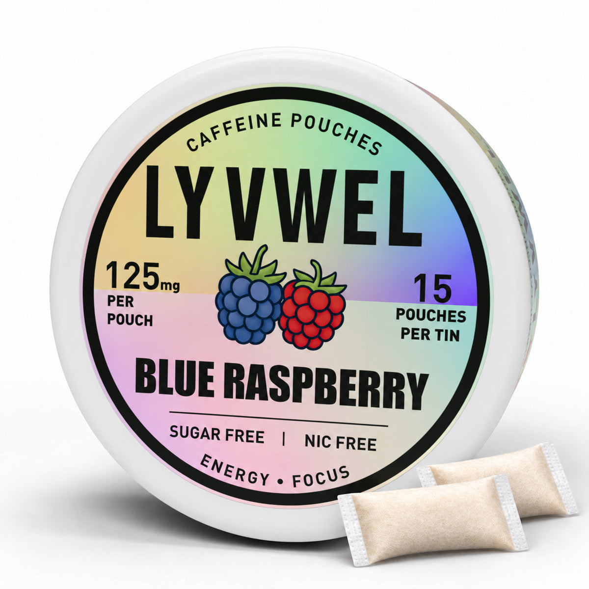 LyvWel Blue Raspberry 125mg, one can with two loose pouches shown