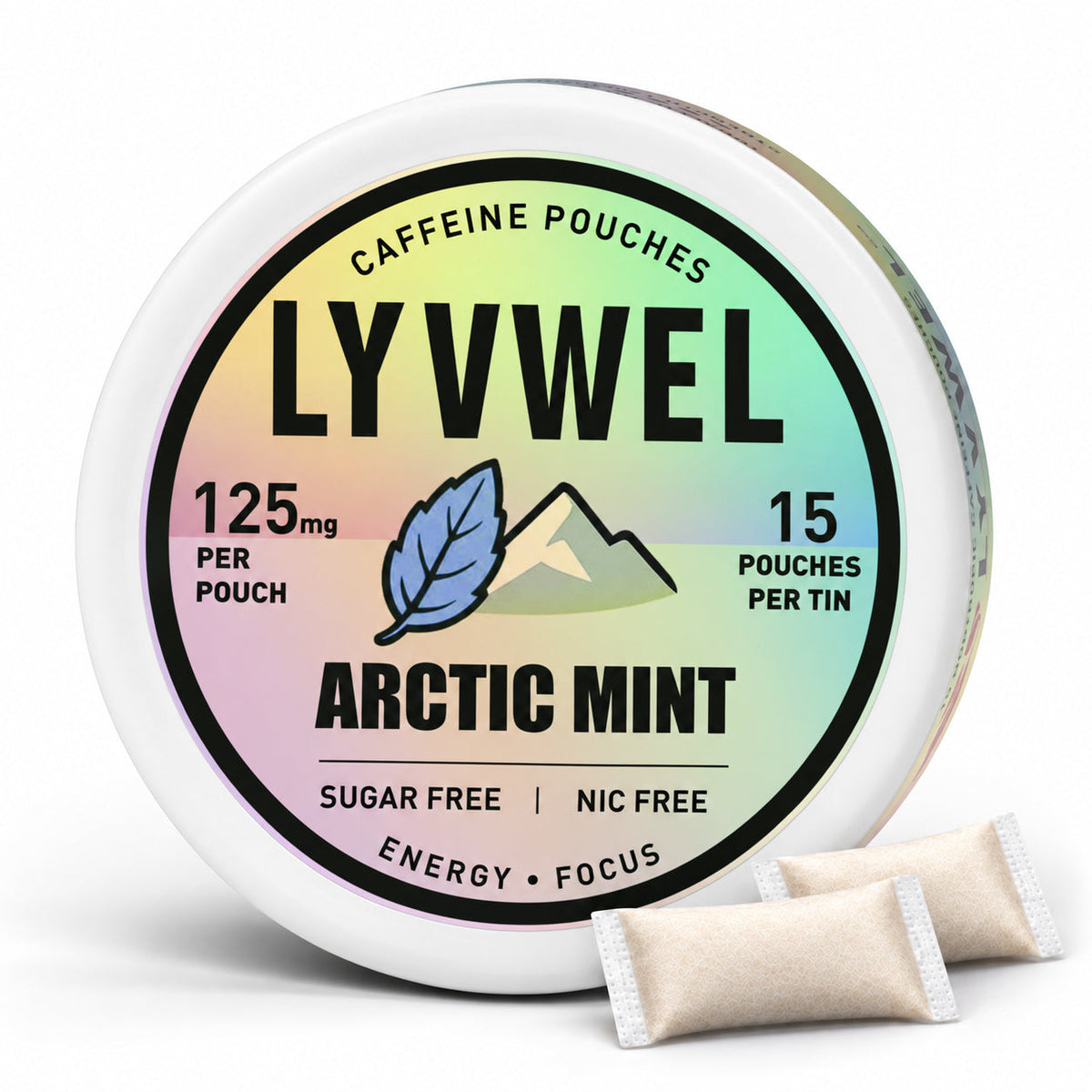 LyvWel Arctic Mint 125mg, one can with two loose pouches shown