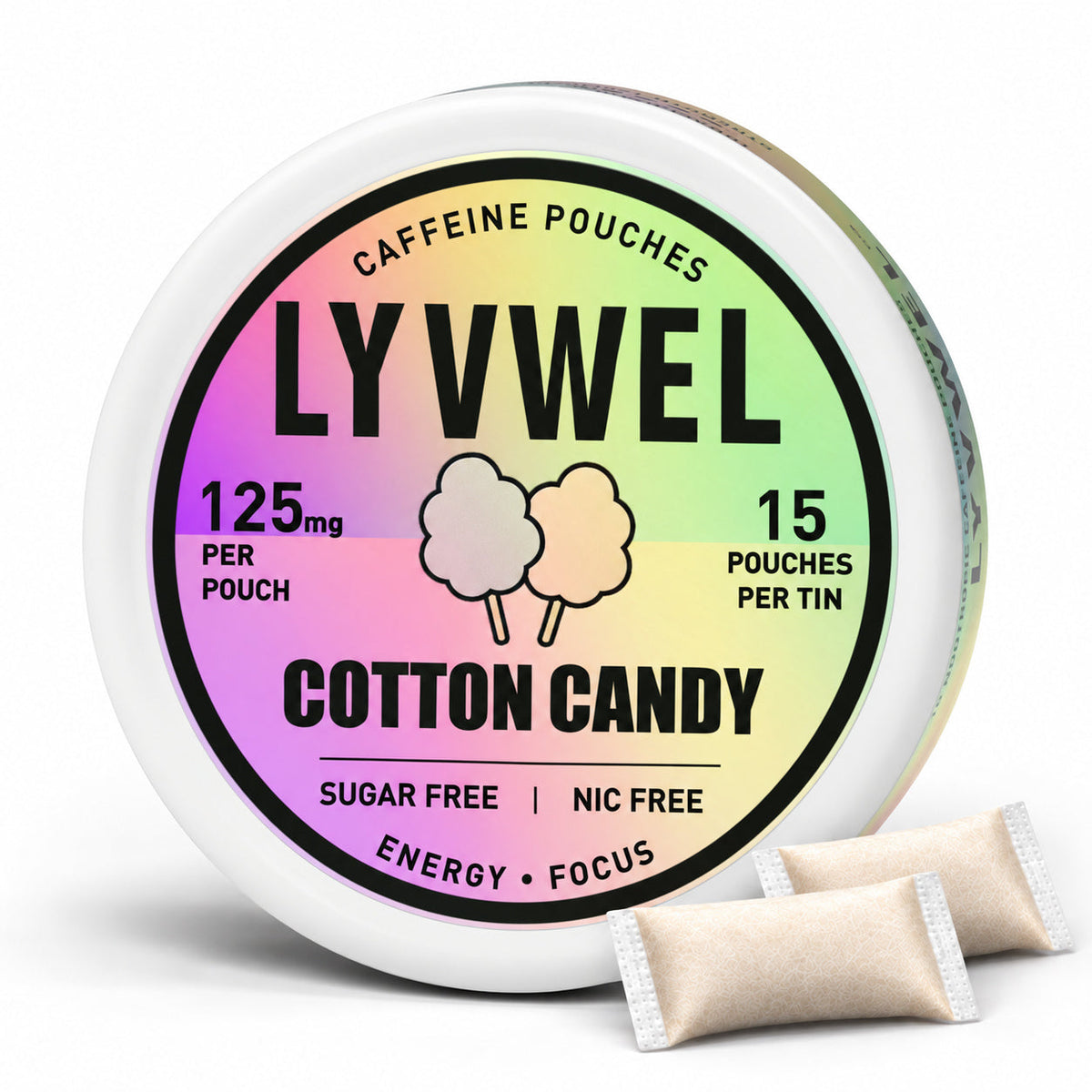 LyvWel Cotton Candy 125mg, one can with two loose pouches shown