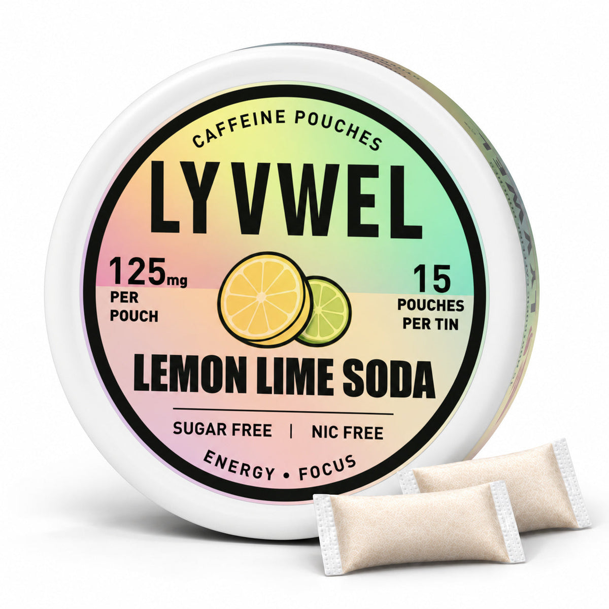 LyvWel Lemon Lime Soda 125mg, one can with two loose pouches shown