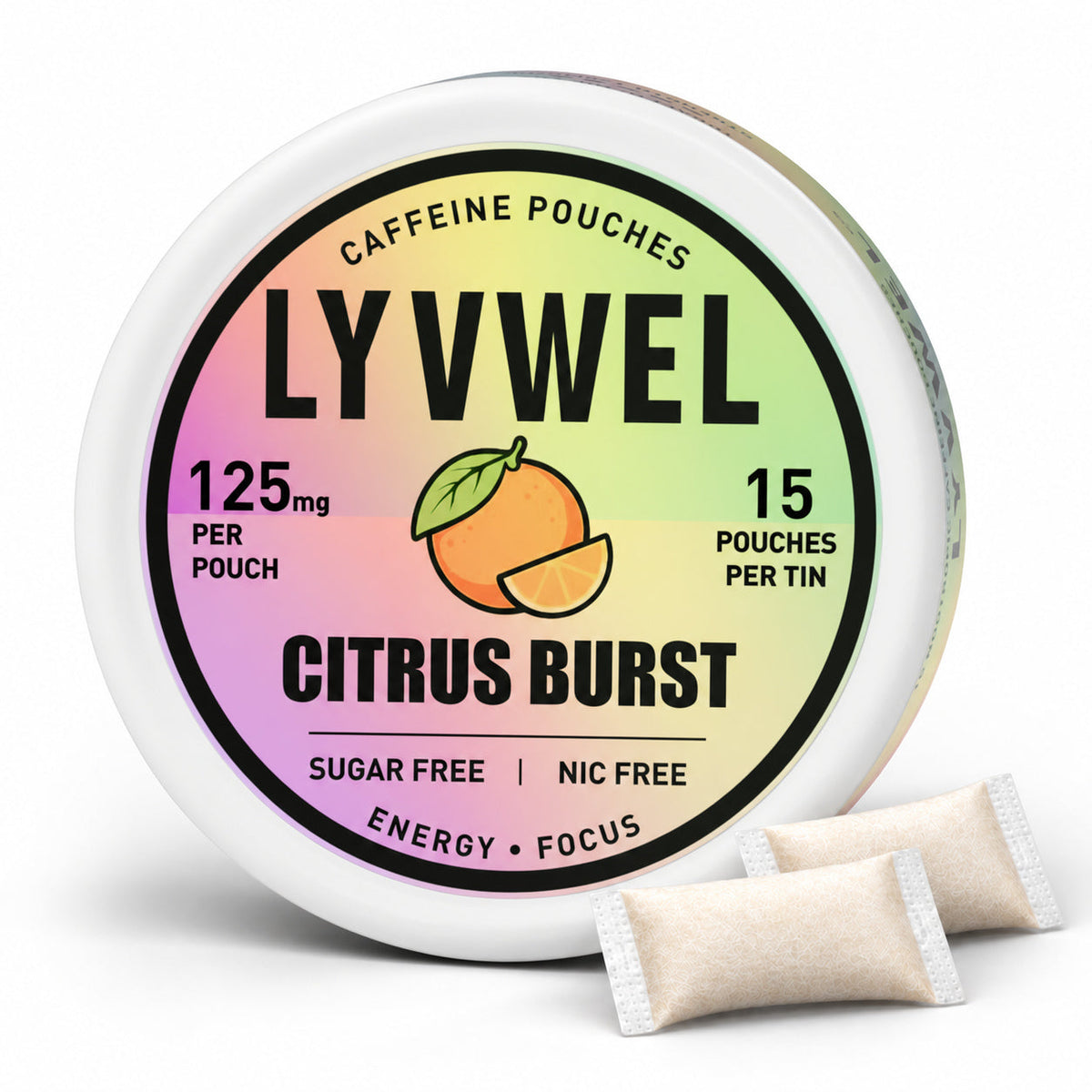 LyvWel Citrus Burst 125mg, one can with two loose pouches shown