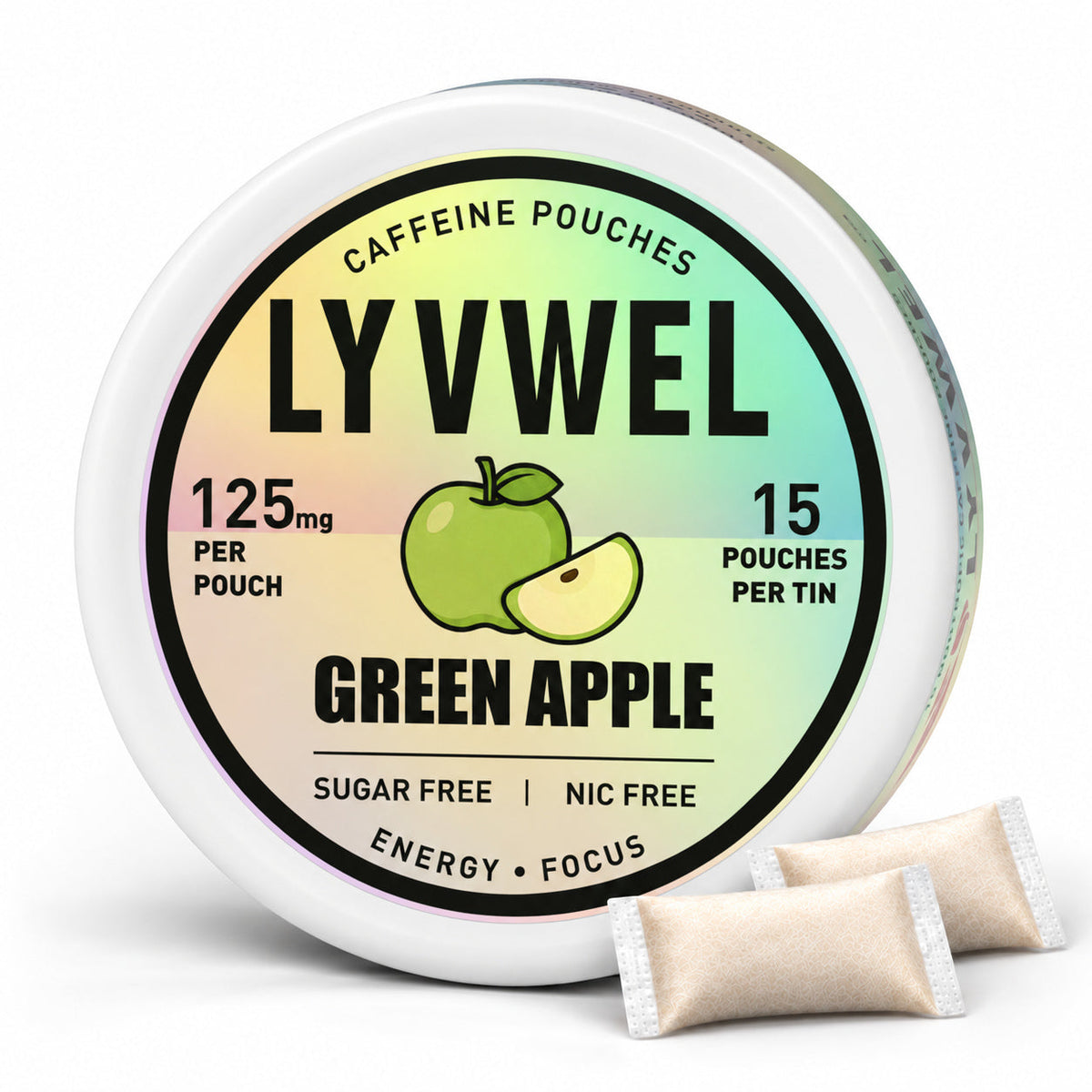 LyvWel Green Apple 125mg, one can with two loose pouches shown