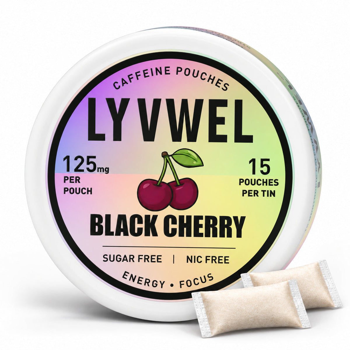 LyvWel Black Cherry 125mg, one can with two loose pouches shown