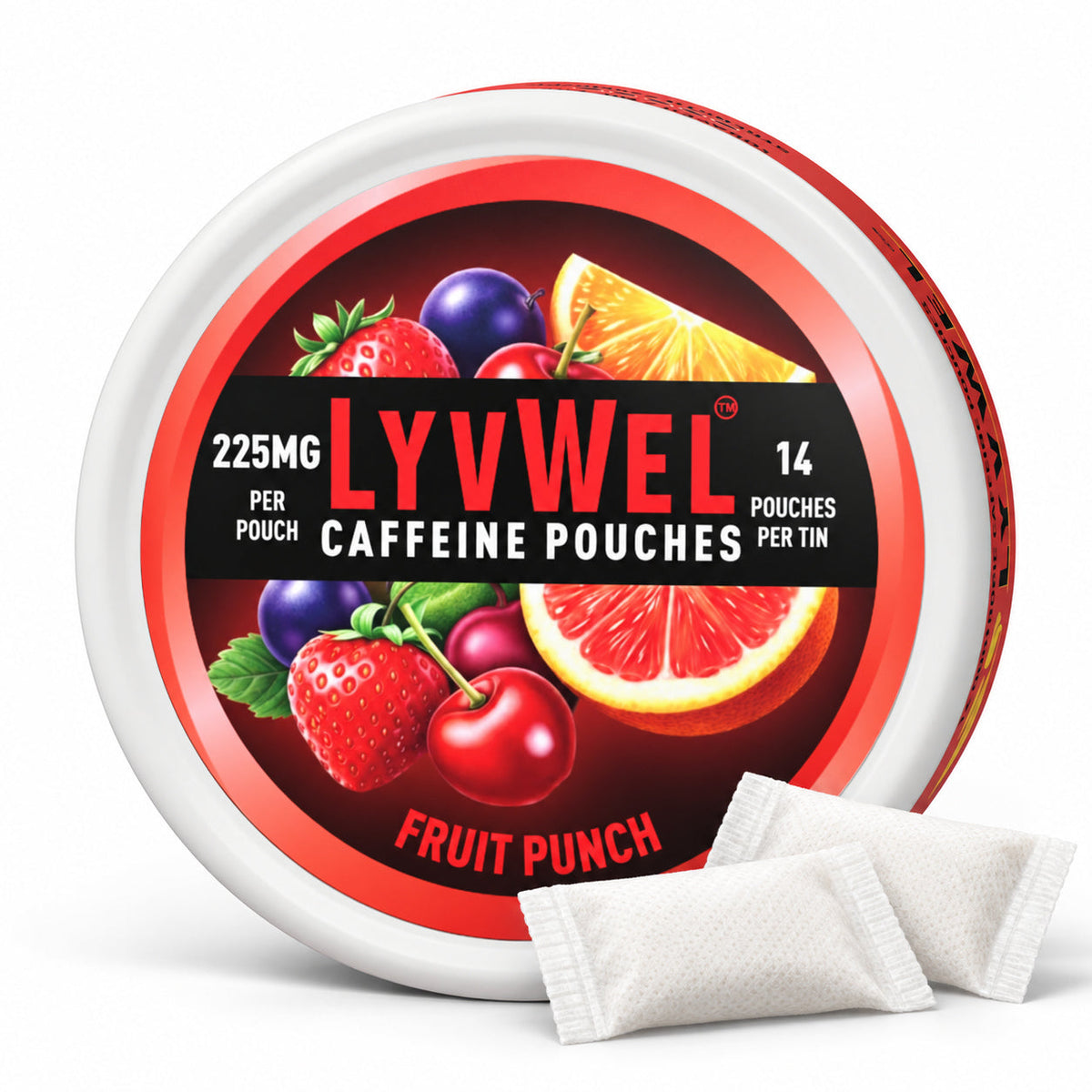 LyvWel Fruit Punch 225mg, one can with two loose pouches shown