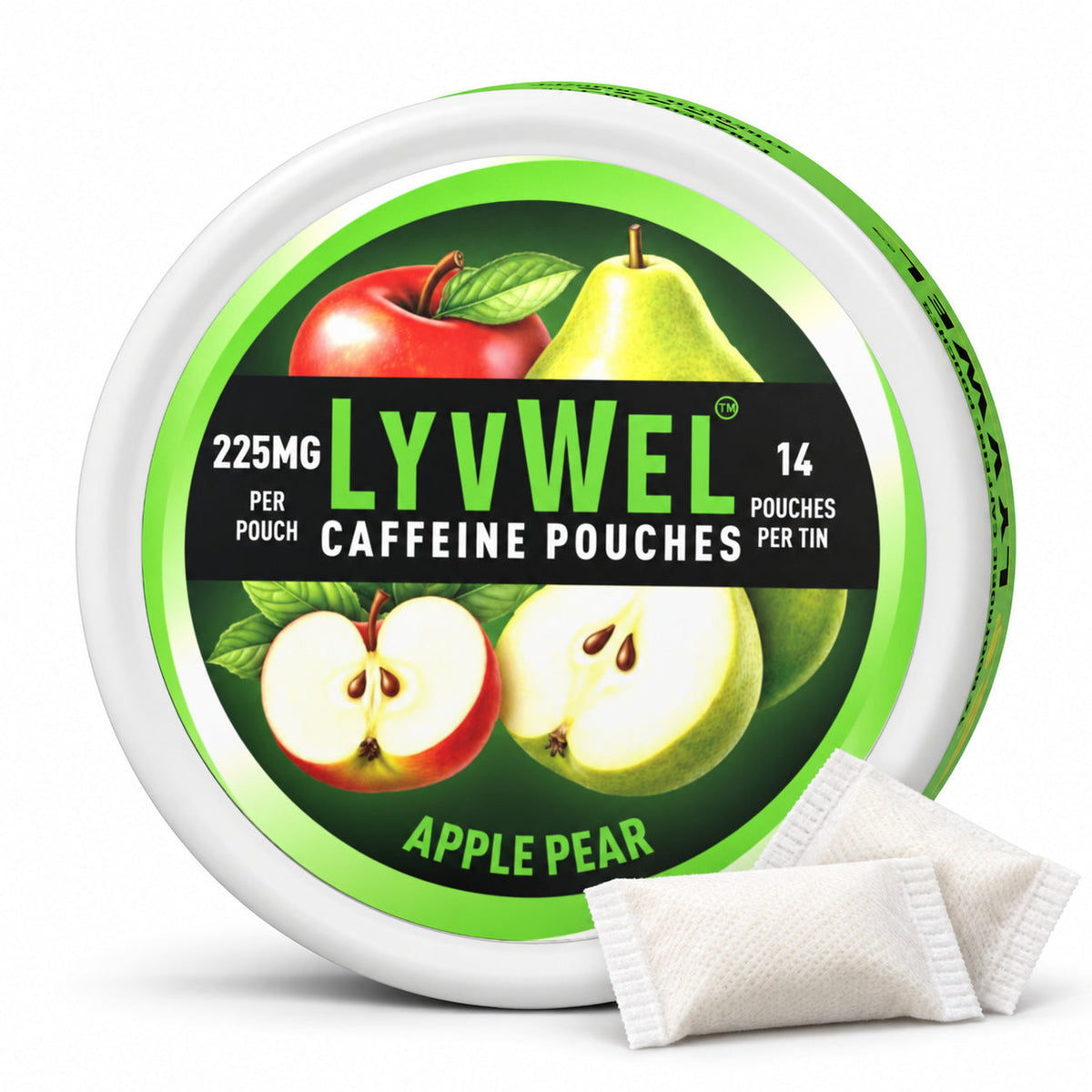 LyvWel Apple Pear 225mg, one can with two loose pouches shown