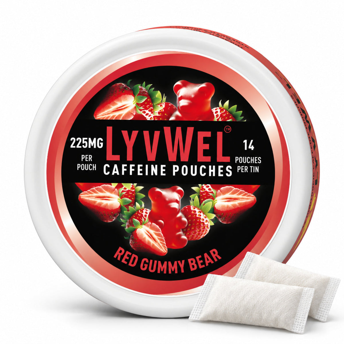 LyvWel Red Gummy Bear 225mg, one can with two loose pouches shown