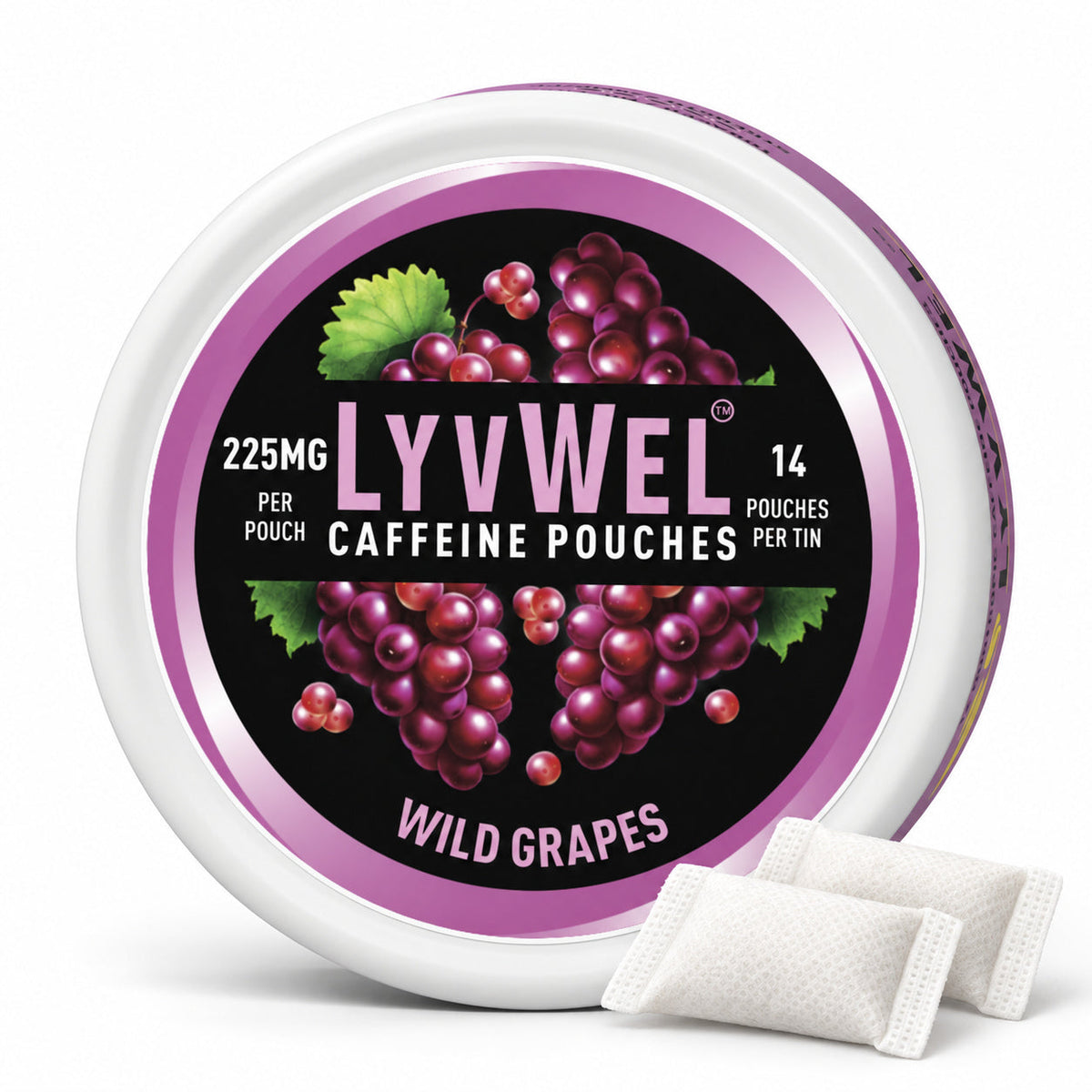 LyvWel Wild Grapes 225mg, one can with two loose pouches shown