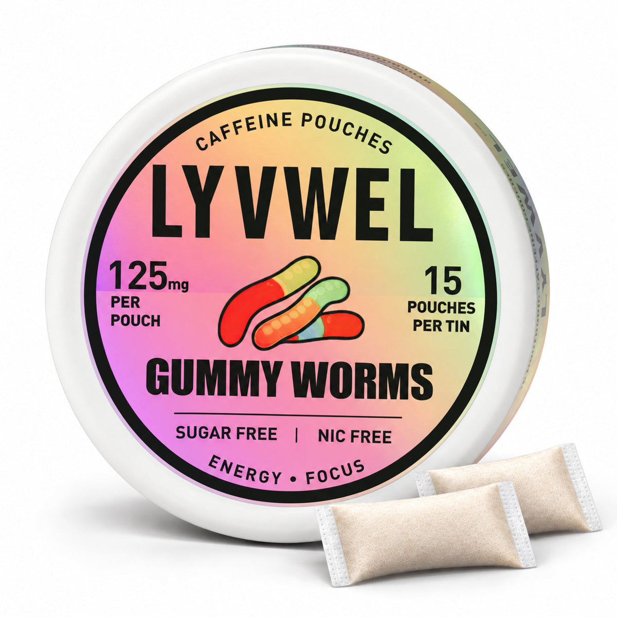 LyvWel Gummy Worms 125mg, one can with two loose pouches shown