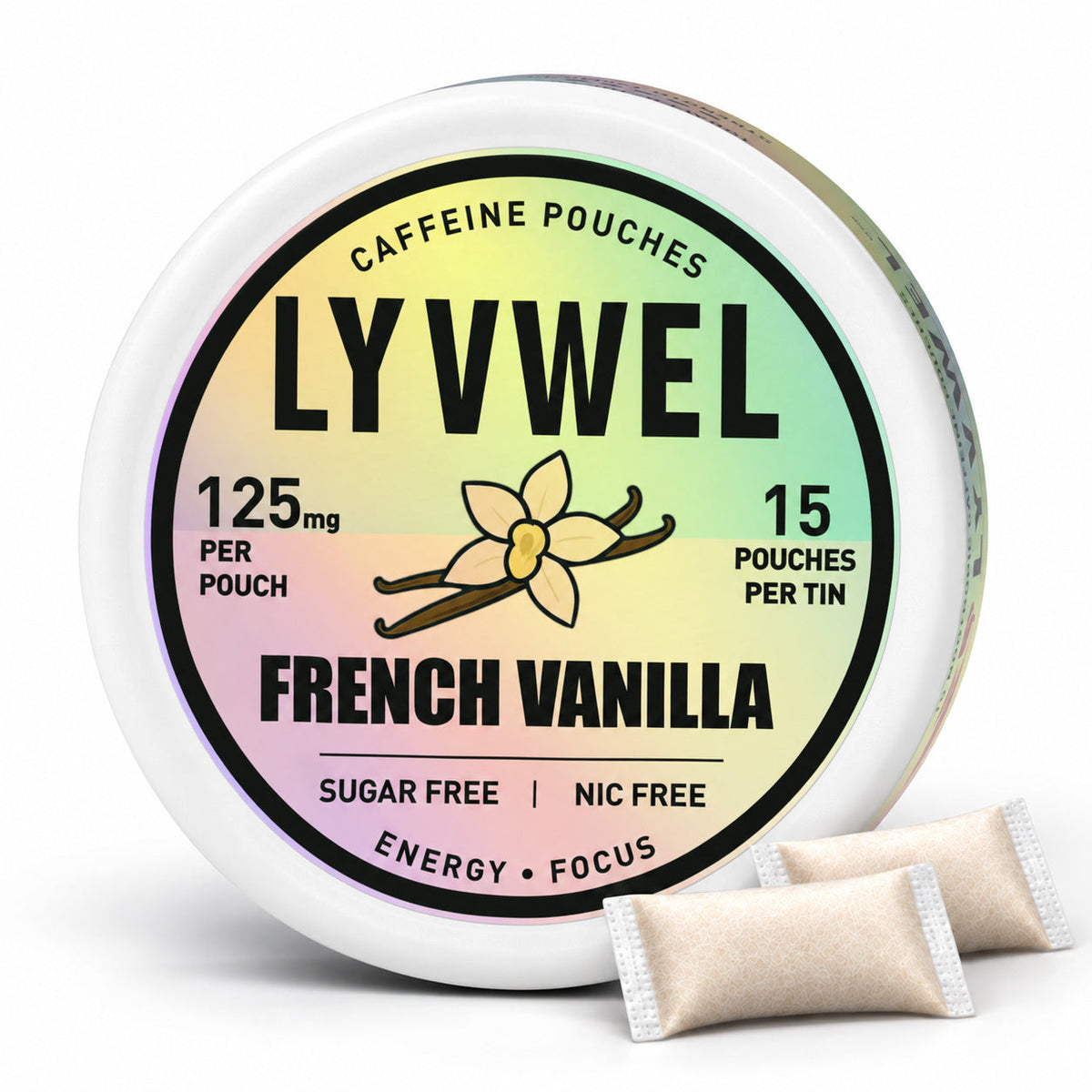 LyvWel French Vanilla 125mg, one can with two loose pouches shown