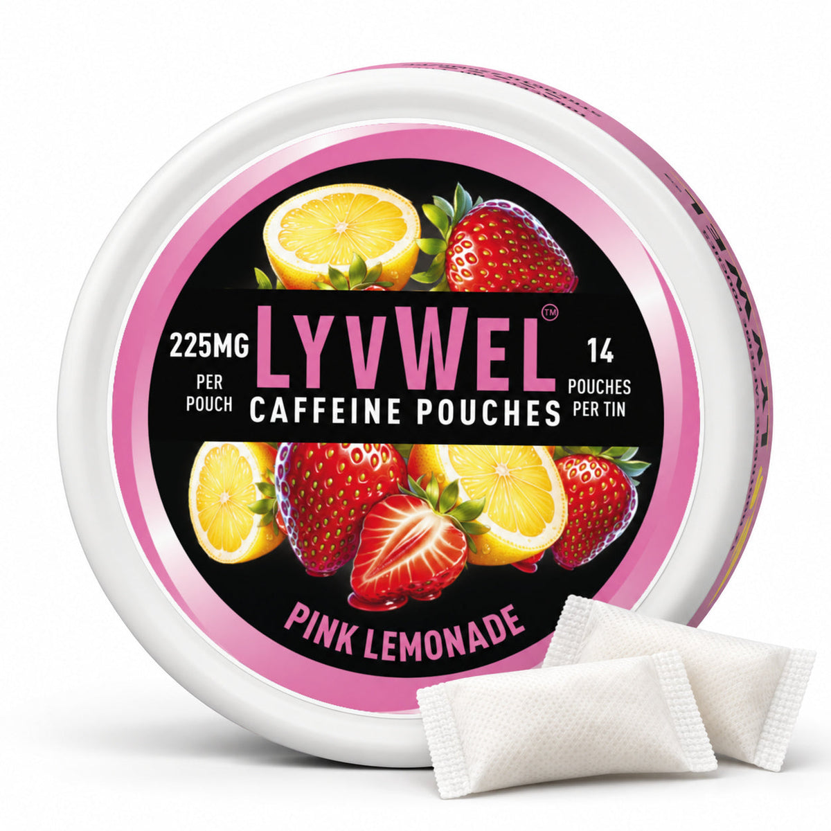LyvWel Pink Lemonade 225mg, one can with two loose pouches shown