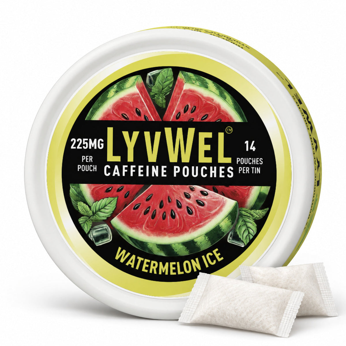 LyvWel Watermelon Ice 225mg, one can with two loose pouches shown