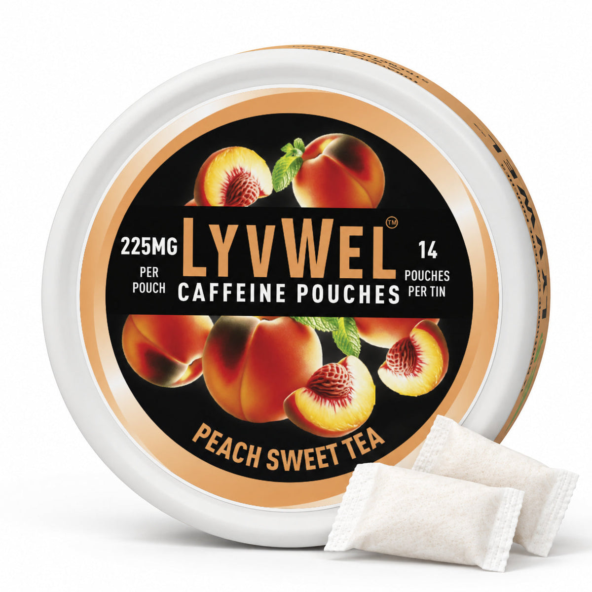 LyvWel Peach Sweet Tea 225mg, one can with two loose pouches shown