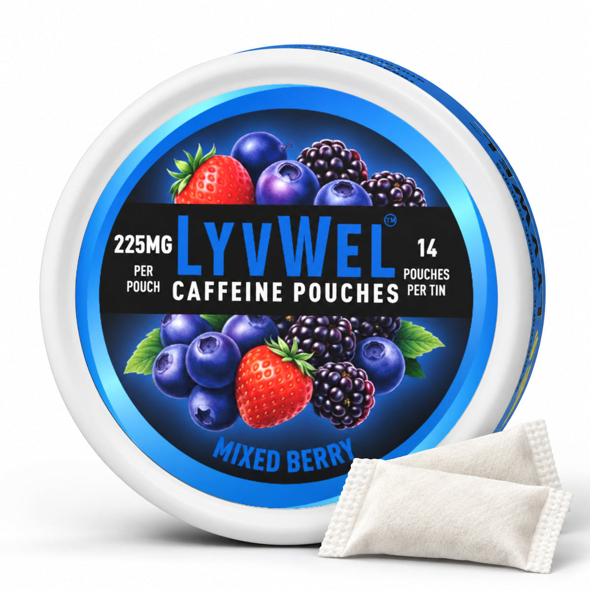 LyvWel Mixed Berry 225mg, one can with two loose pouches shown