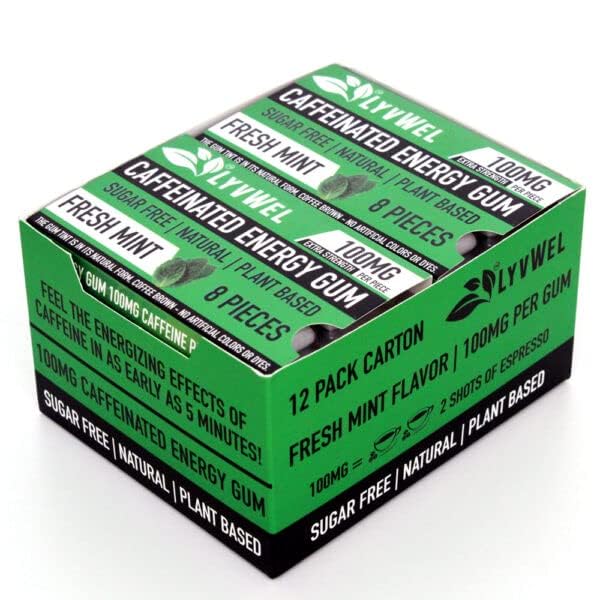 LyvWel Energy Gum | 100mg Caffeine per gem | All Natural | Sugar-Free Pre-Workout Boost: Your Essential Energy Supplement to Stay Awake- Carton 12 pack