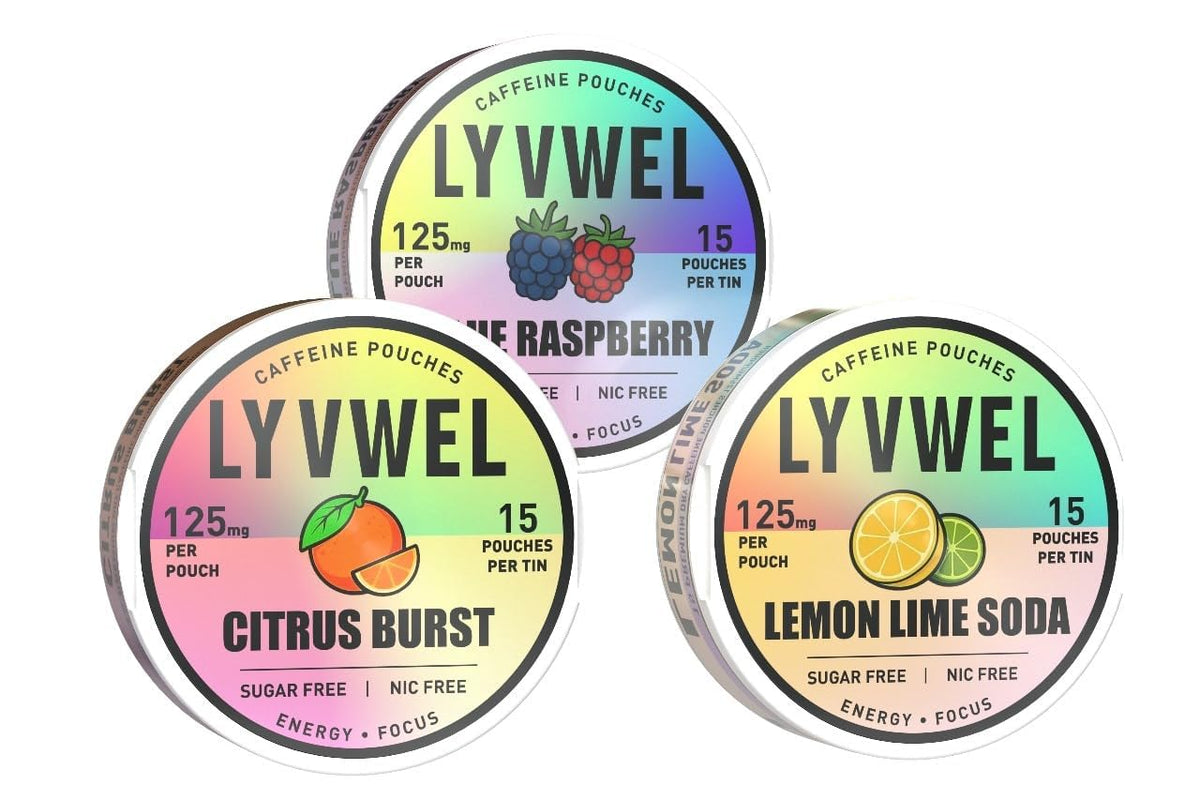 LyvWel 125mg Caffeine Energy Pouches – Variety Sampler Pack  3-Pack (45 Total Pouches)