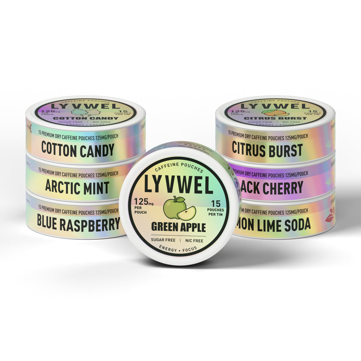 LyvWel 125mg blue-raspberry, arctic-mint, cotton-candy, lemon-lime-soda, black-cherry, citrus-burst, green-apple 7 cans