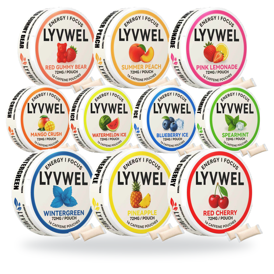 LyvWel 72mg caffeine pouches 10-pack with all ten flavors