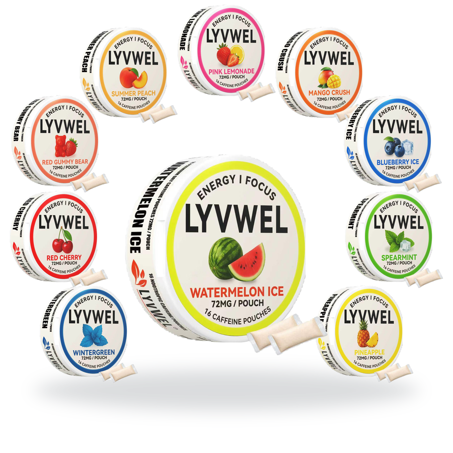 LyvWel 72mg caffeine pouches 10-pack with all ten flavors, featuring Watermelon Ice