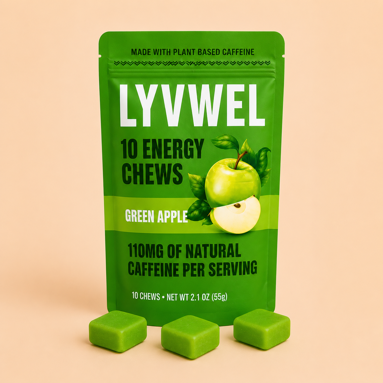 One pouch of LyvWel Green Apple Energy Taffy Chews with three green apple chews