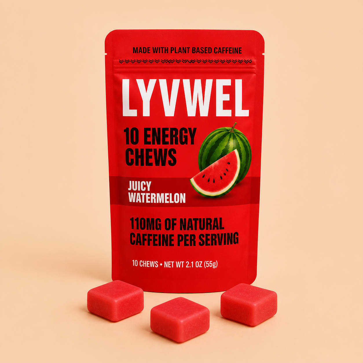 One pouch of LyvWel Juicy Watermelon Energy Taffy Chews with three watermelon chews