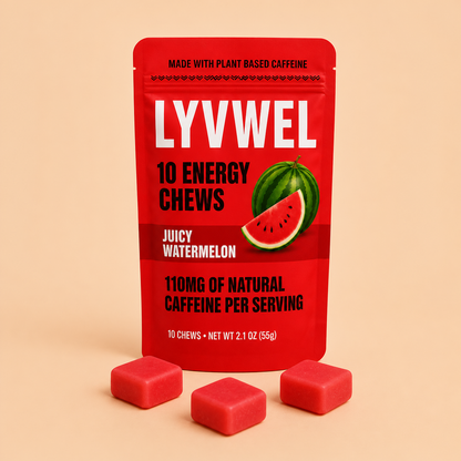 One pouch of LyvWel Juicy Watermelon Energy Taffy Chews with three watermelon chews