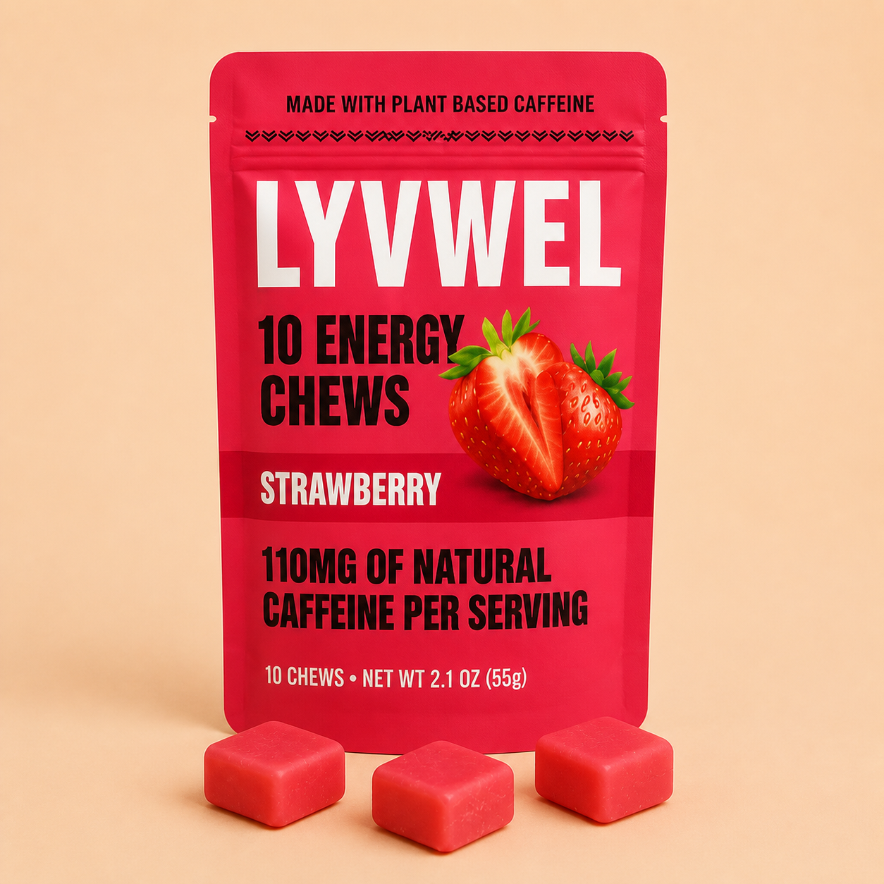 One pouch of LyvWel Strawberry Energy Taffy Chews with three strawberry chews