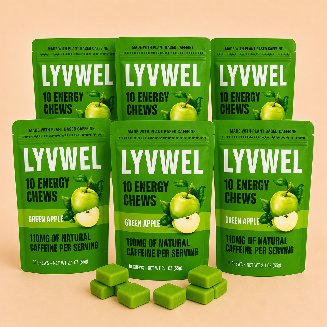 Six pouches of LyvWel Green Apple Energy Taffy Chews
