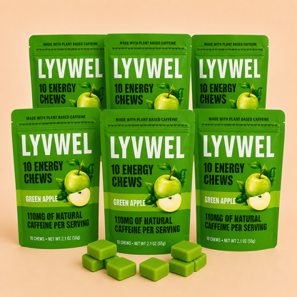 Six pouches of LyvWel Green Apple Energy Taffy Chews