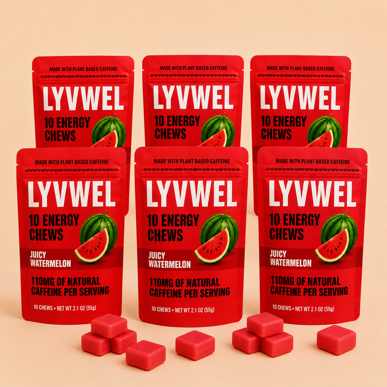 Six pouches of LyvWel Juicy Watermelon Energy Taffy Chews
