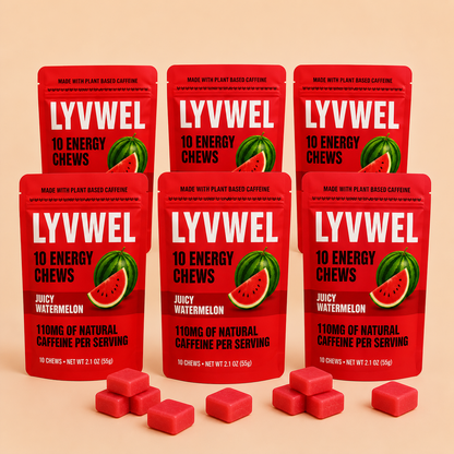 Six pouches of LyvWel Juicy Watermelon Energy Taffy Chews