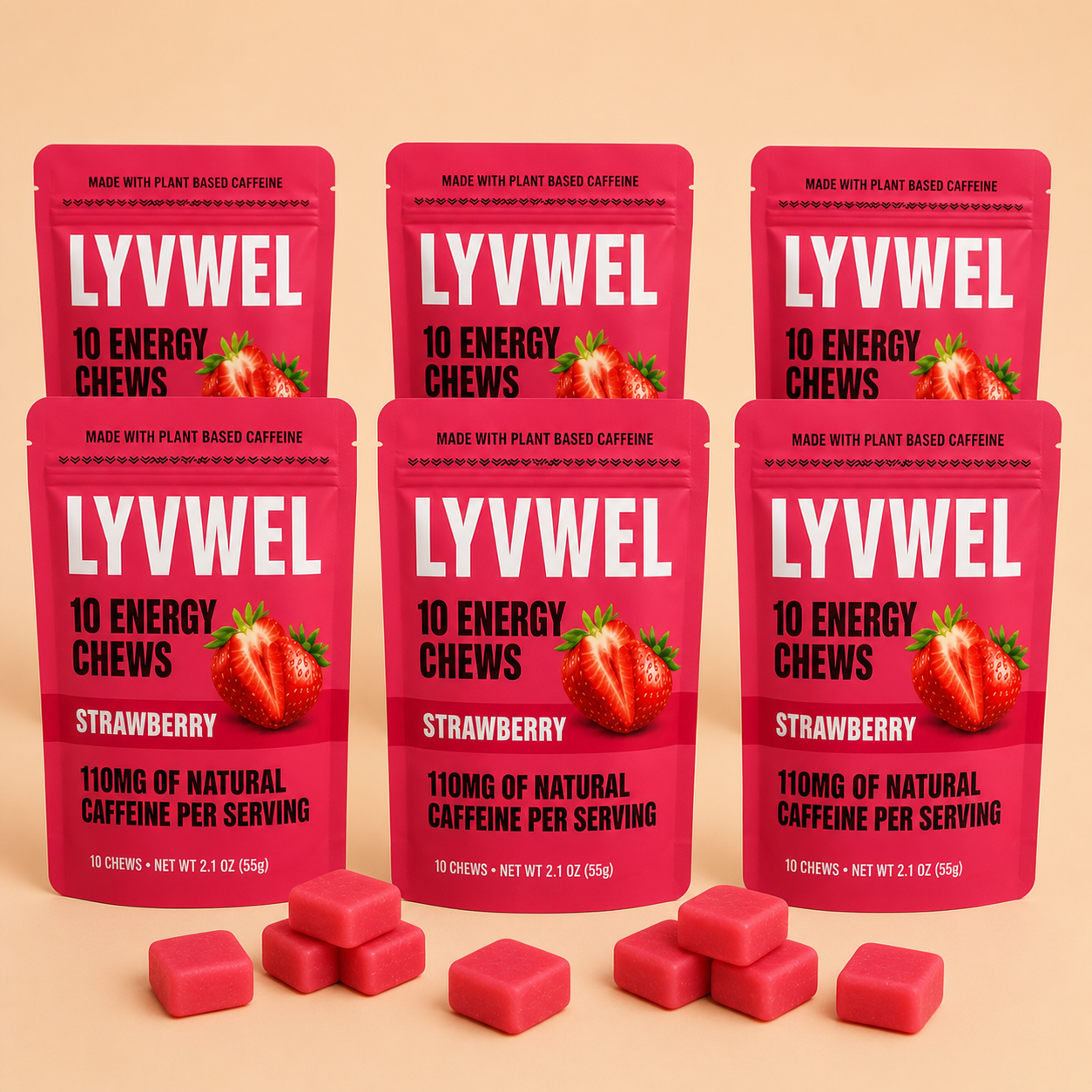 Six pouches of LyvWel Strawberry Energy Taffy Chews