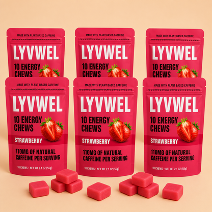 Six pouches of LyvWel Strawberry Energy Taffy Chews