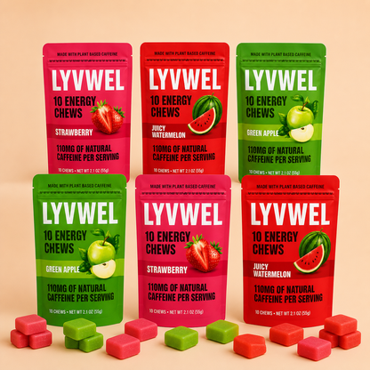 Six-pack variety of LyvWel Energy Taffy Chews with two Strawberry, two Juicy Watermelon and two Green Apple pouches