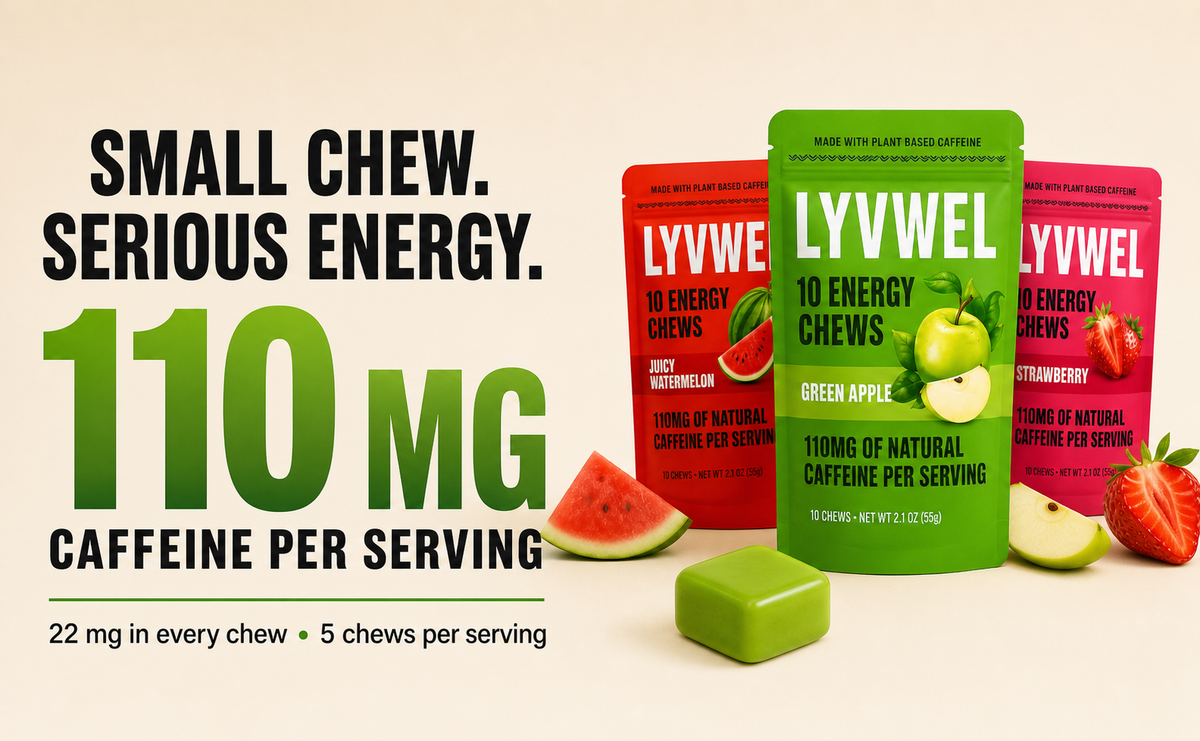 LyvWel Energy Taffy Chews with 110mg caffeine per five-chew serving