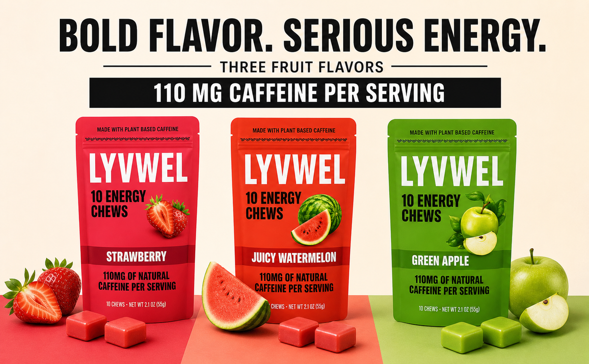 LyvWel Energy Taffy Chews in Strawberry, Green Apple, and Juicy Watermelon flavors