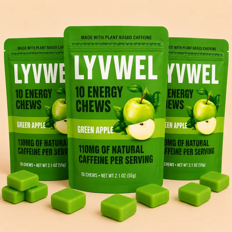 Three packs of LyvWel Green Apple Energy Taffy Chews with soft green apple chews