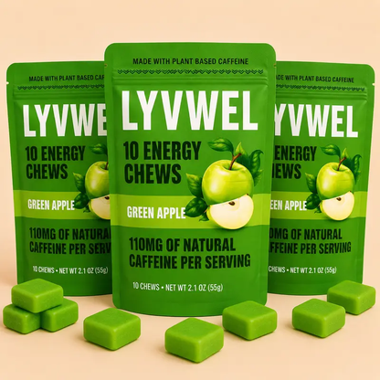Three packs of LyvWel Green Apple Energy Taffy Chews with soft green apple chews