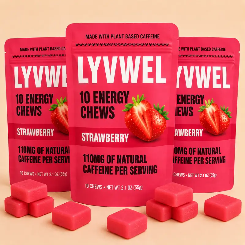 Three packs of LyvWel Strawberry Energy Taffy Chews with soft strawberry chews