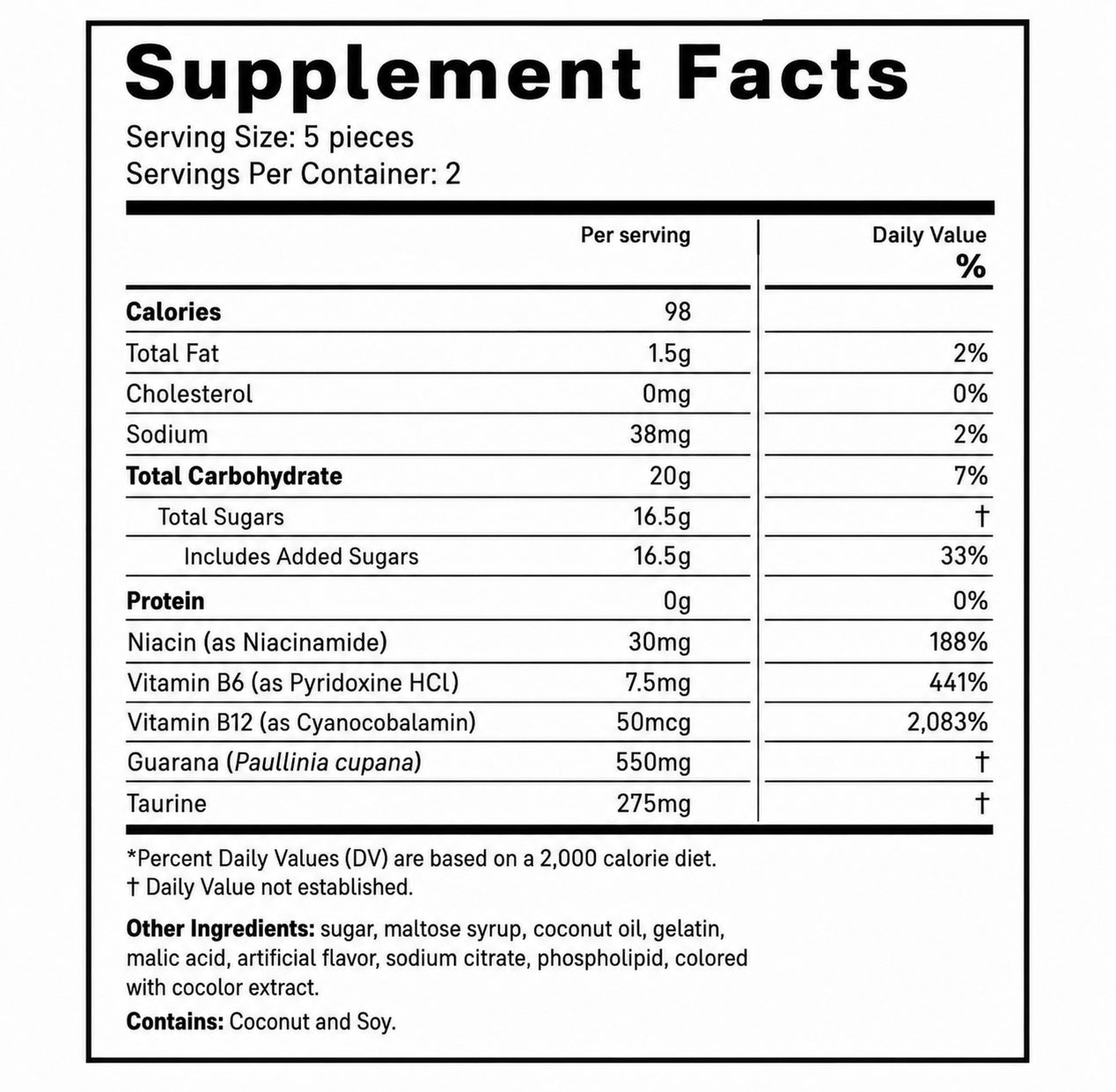 LyvWel Energy Taffy Chews Supplement Facts label showing a five-chew serving and 30mg niacin