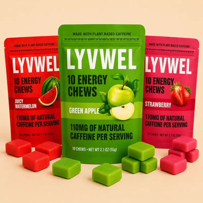 LyvWel Energy Taffy Chews variety pack with Strawberry, Juicy Watermelon, and Green Apple flavors