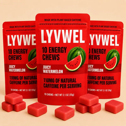 Three packs of LyvWel Juicy Watermelon Energy Taffy Chews with soft watermelon chews