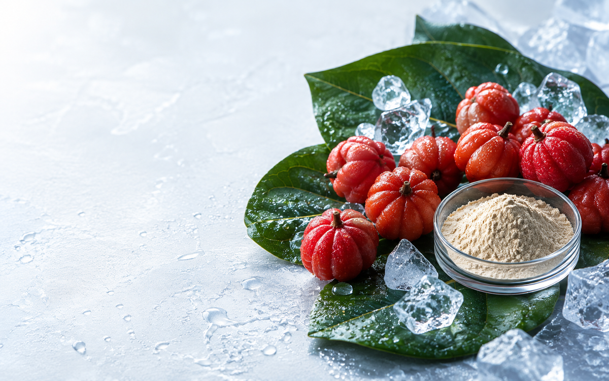 Fresh guarana fruit, green leaves, ice, and guarana extract powder