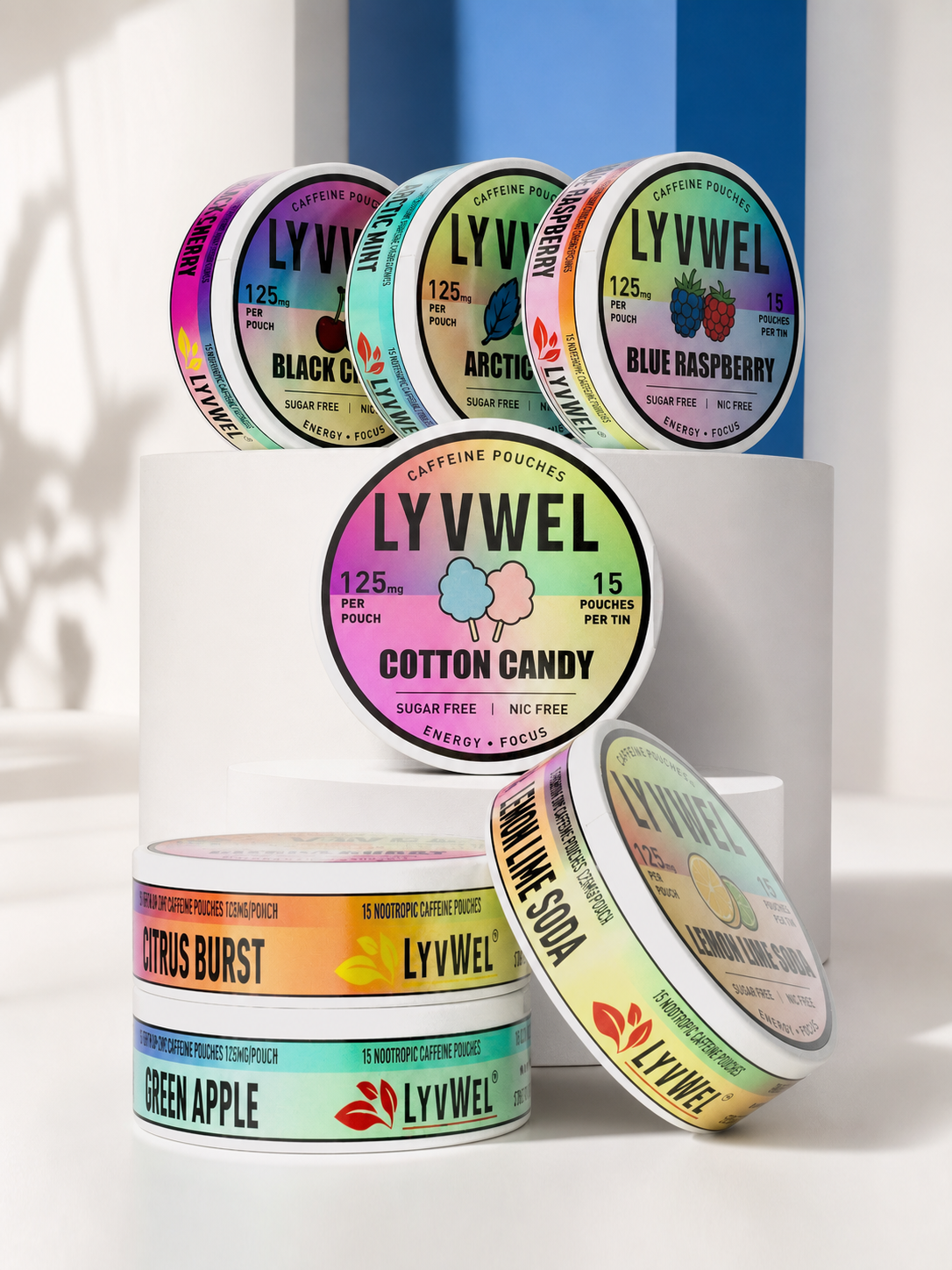 LyvWel caffeine pouch tins in a bright cobalt and white studio