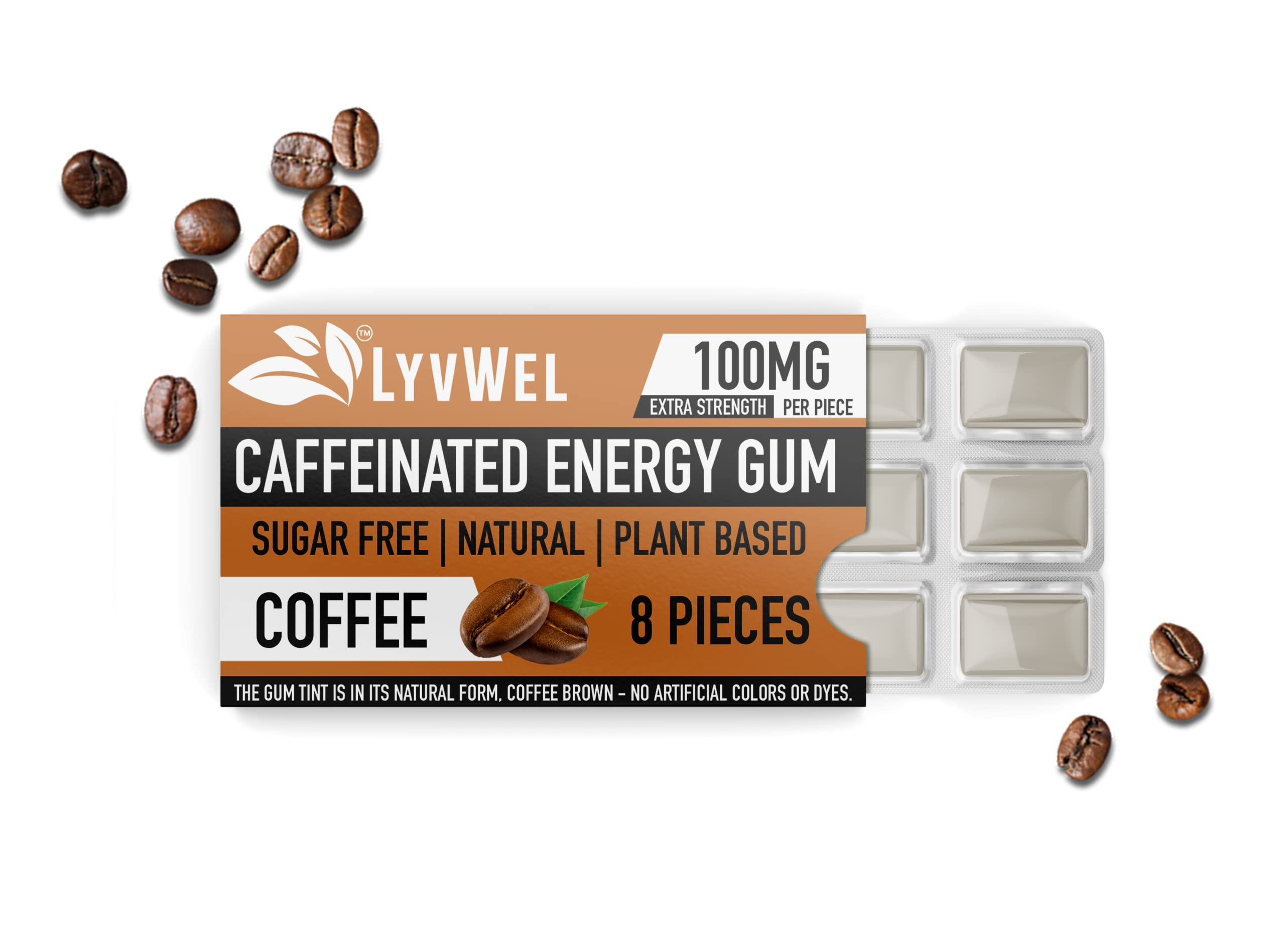 LyvWel Original Coffee 100mg caffeine gum pack with blister tray and coffee beans