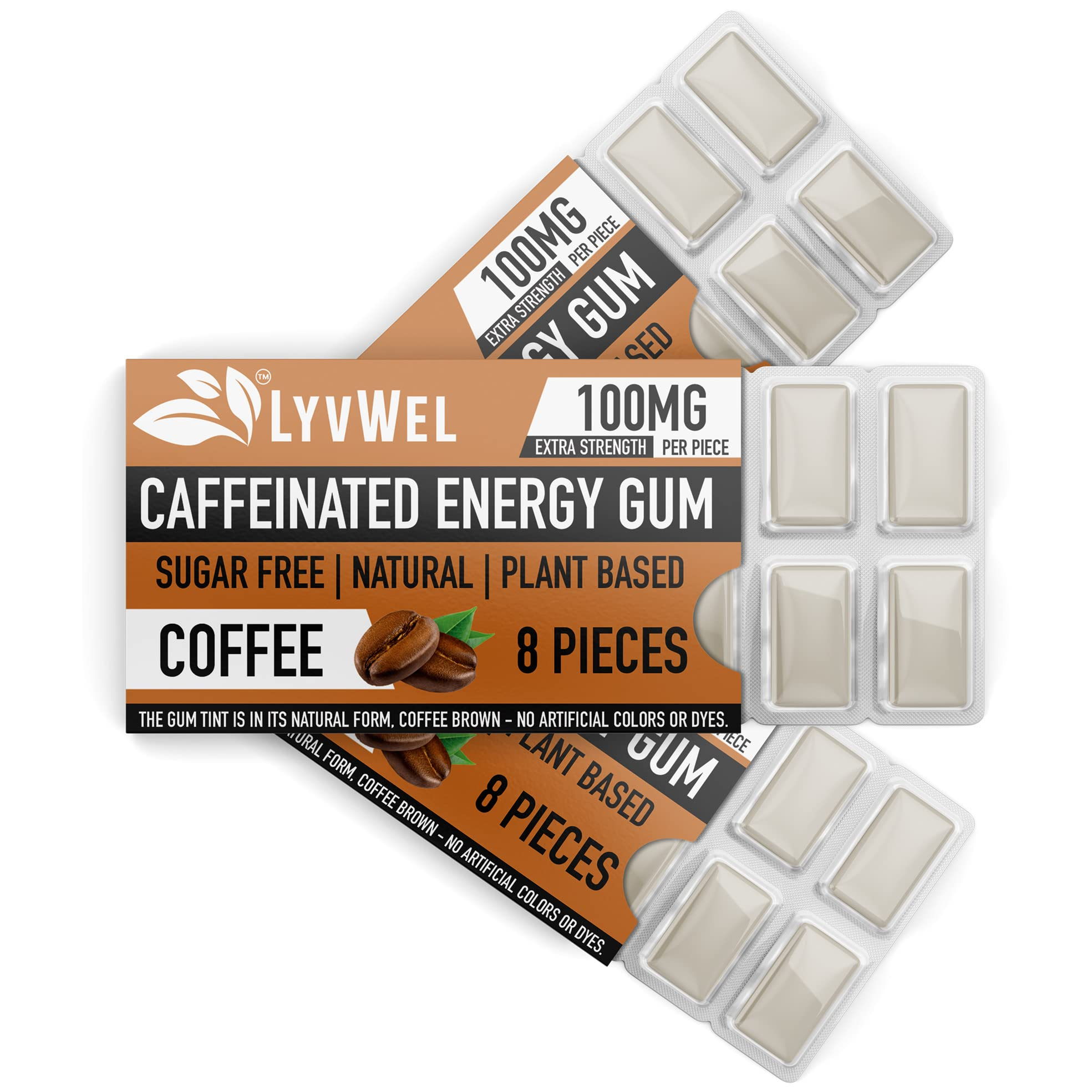 LyvWel Original Coffee 100mg caffeine gum packages with blister trays