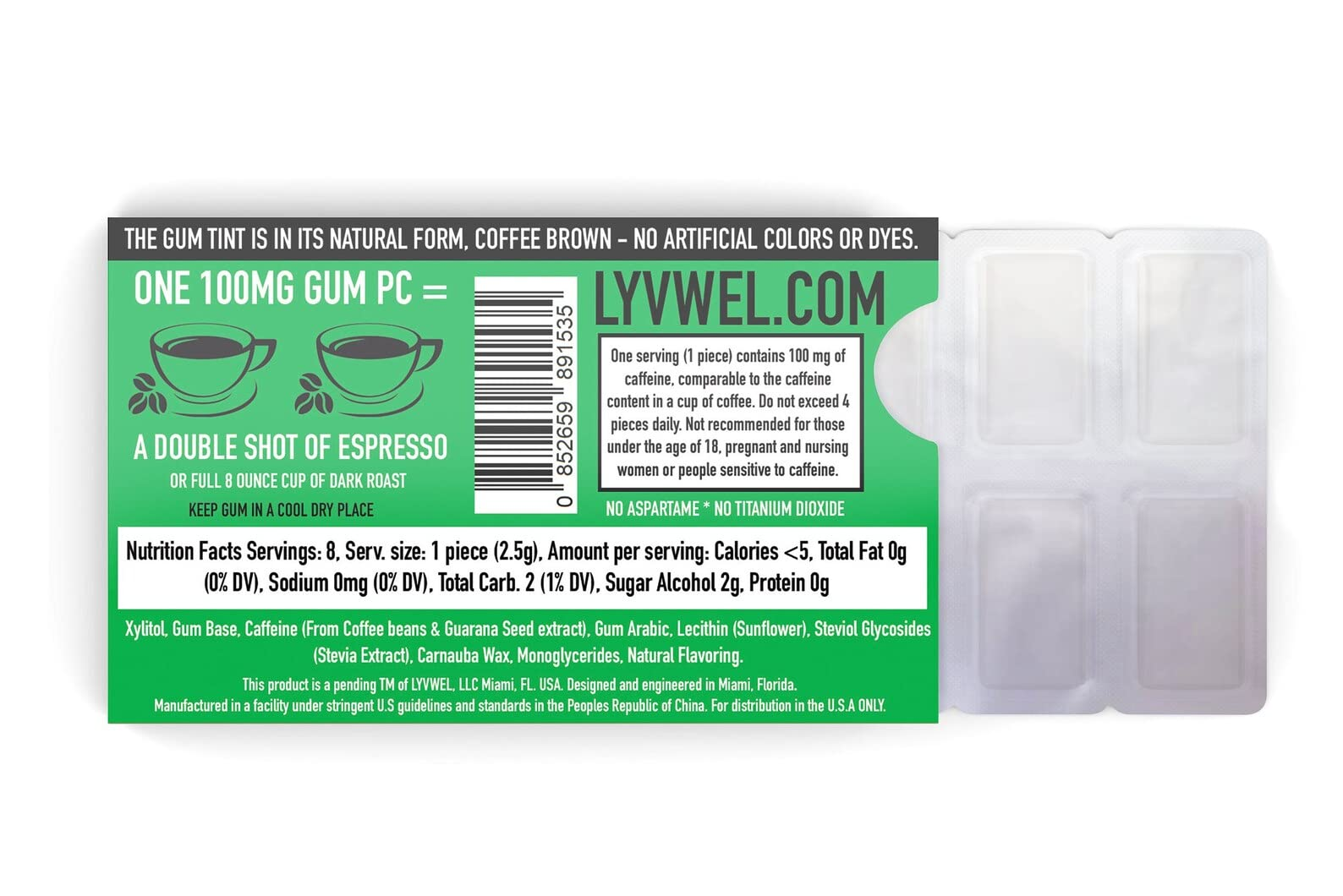 LyvWel Original Fresh Mint gum package facts panel and blister tray
