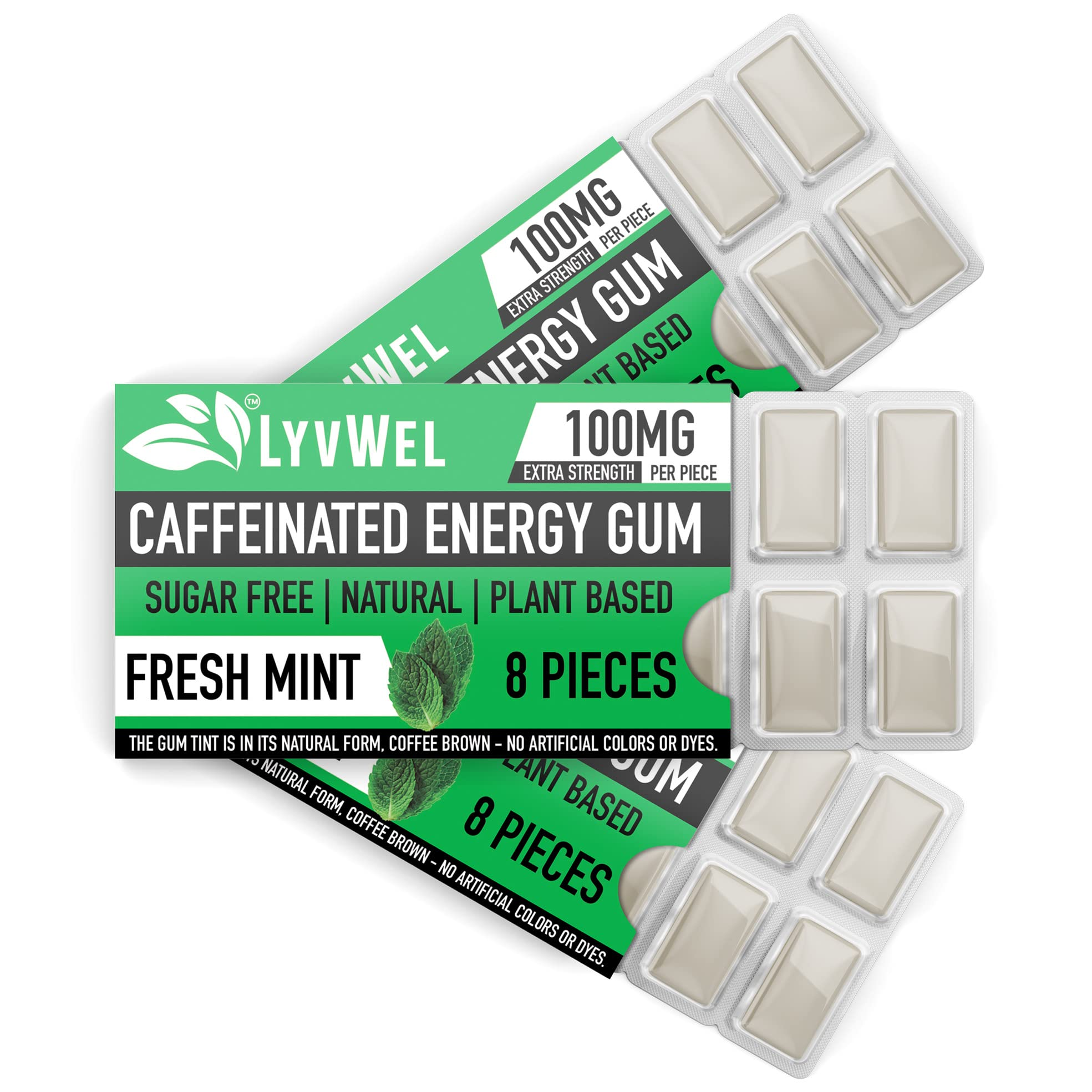 LyvWel Original Fresh Mint 100mg caffeine gum packs with blister trays