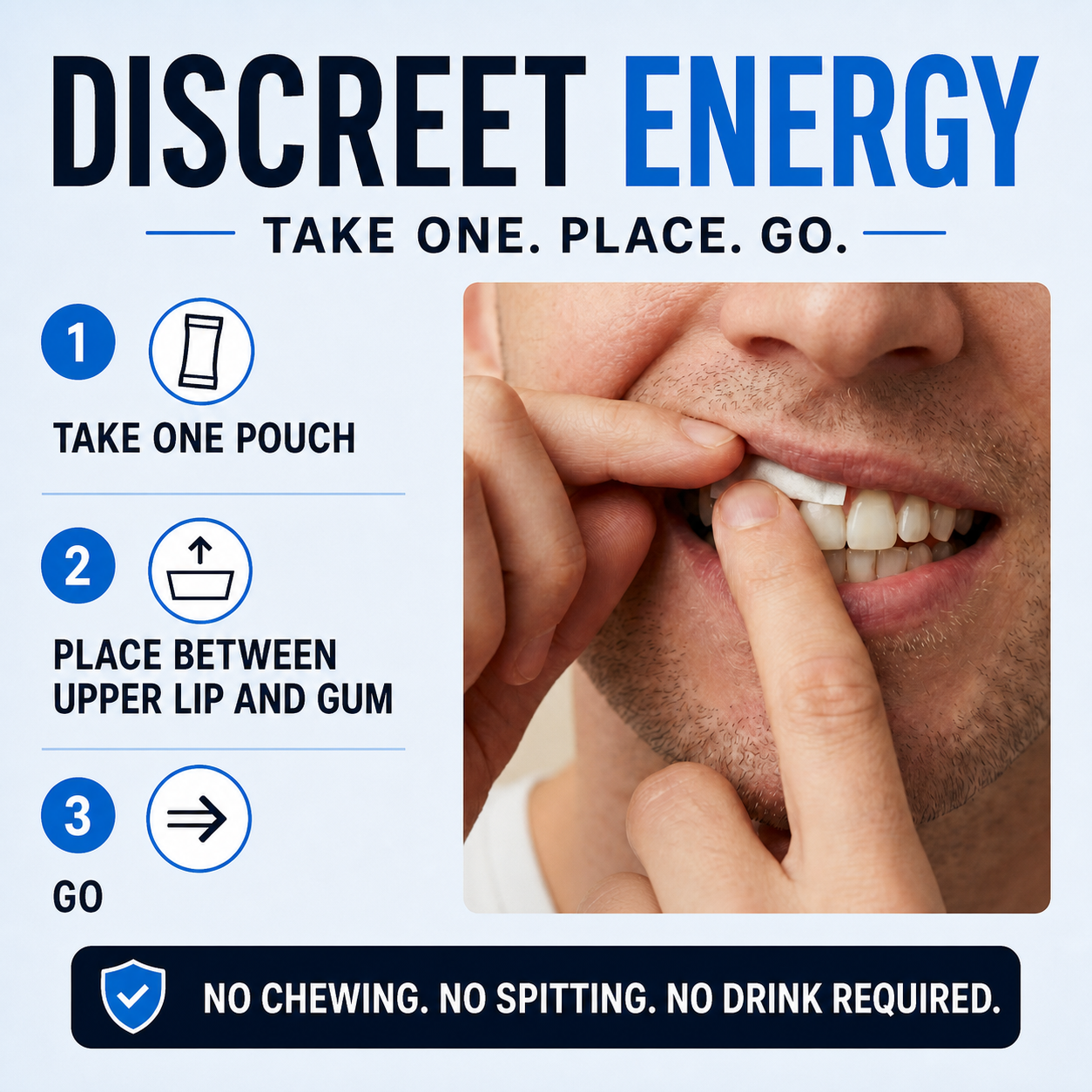 A person placing one LyvWel caffeine pouch between the upper lip and gum