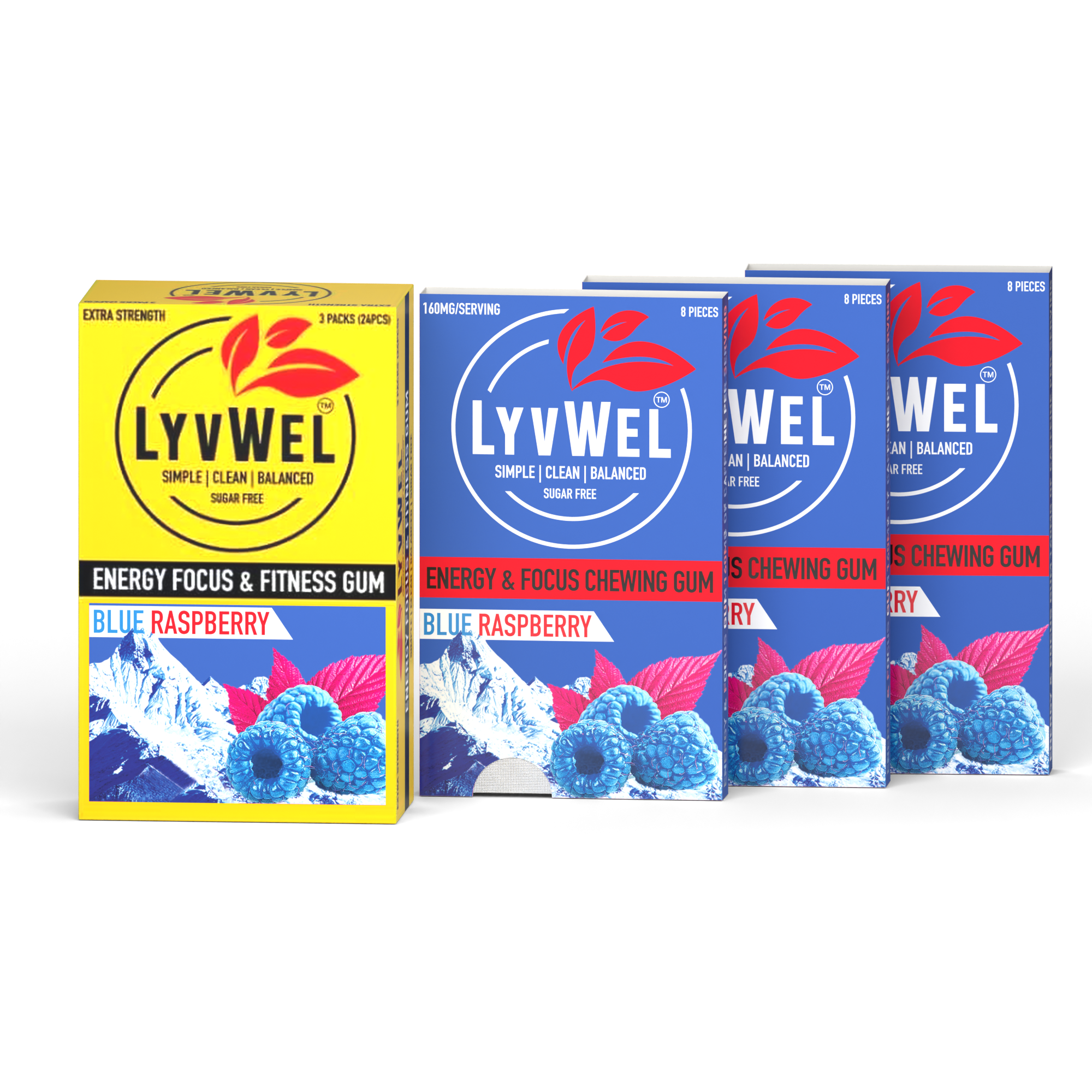 LyvWel Blue Raspberry three-pack carton with three eight-piece sleeves, 24 pieces total