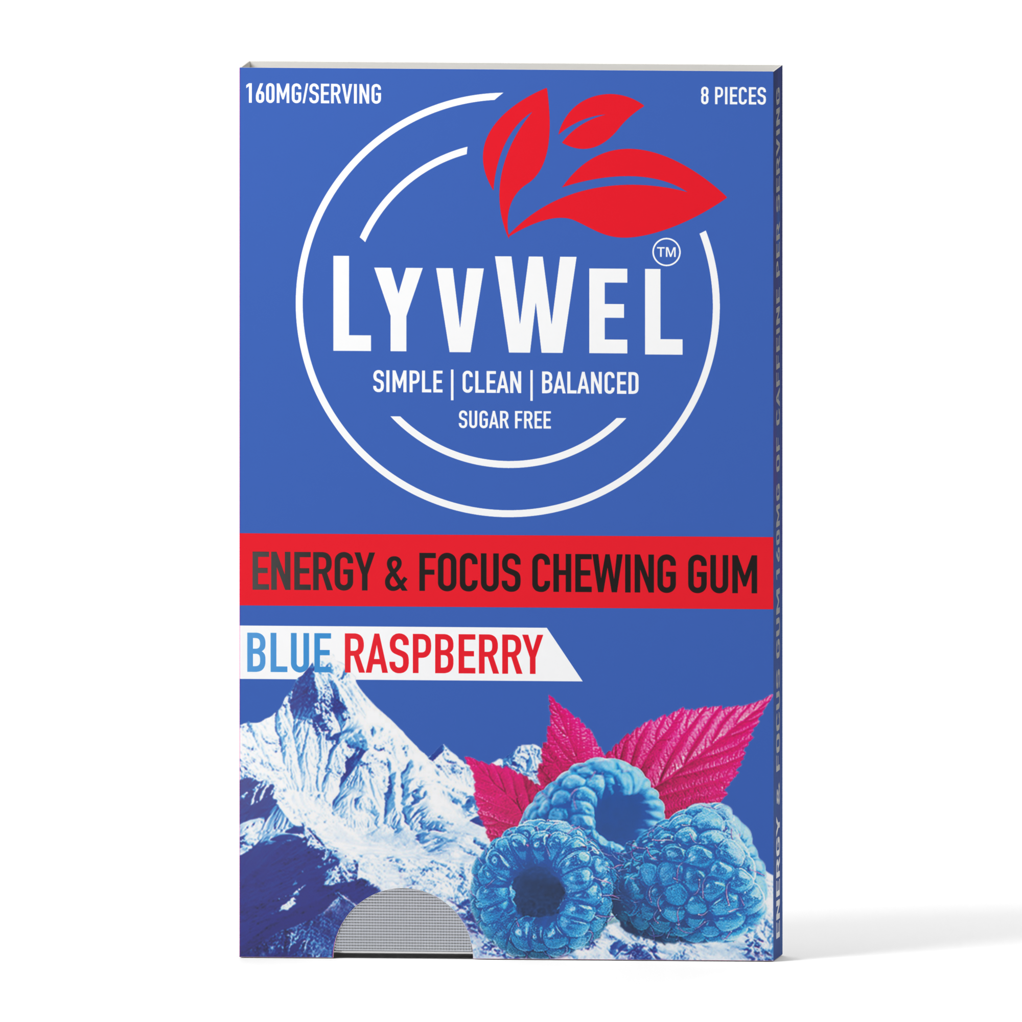 LyvWel Blue Raspberry energy gum eight-piece sleeve, refreshed packaging, 160mg caffeine per two pieces